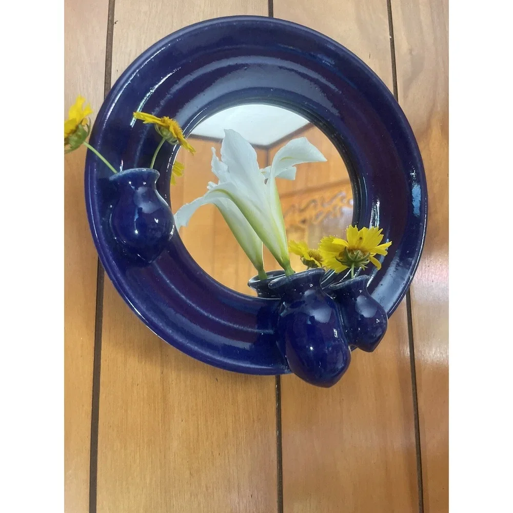 One Of A Kind -‎ Artisan Made - Ceramic Framed Mirror With Trio Of Ceramic Vases